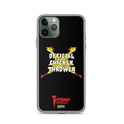 Black iPhone case with yellow cartoon chickens crossed in an X behind white text reading "OFFICIAL CHICKEN THROWER" and red Svengoolie logo with MeTV badge.