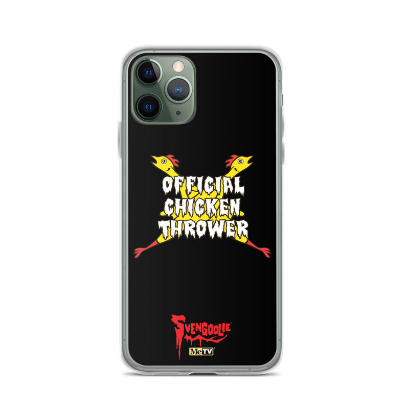 Black iPhone case with yellow cartoon chickens crossed in an X behind white text reading "OFFICIAL CHICKEN THROWER" and red Svengoolie logo with MeTV badge.