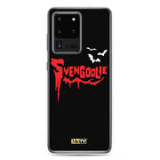 Black Samsung case with red dripping "Svengoolie" logo and three white bats, plus a small yellow MeTV logo at the bottom.
