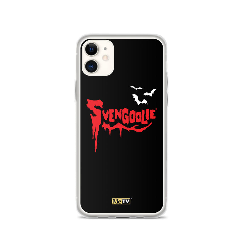 Black iPhone case with red dripping "Svengoolie" logo and three white bats, plus a small yellow MeTV logo at the bottom.