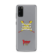 Gray Samsung case with yellow cartoon chickens crossed in an X behind white text reading "OFFICIAL CHICKEN THROWER" "Svengoolie" and MeTV logos.