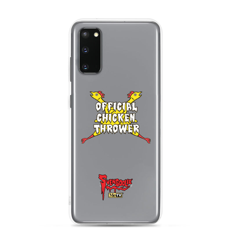 Gray Samsung case with yellow cartoon chickens crossed in an X behind white text reading "OFFICIAL CHICKEN THROWER" "Svengoolie" and MeTV logos.