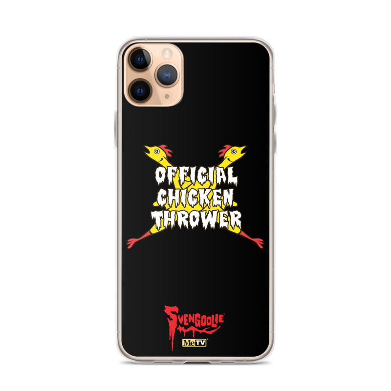 Black iPhone case with yellow cartoon chickens crossed in an X, white text reading "OFFICIAL CHICKEN THROWER", and red Svengoolie logo at bottom.