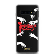 Clear Samsung phone case with black background, white zombie hands reaching in, and red dripping 'Svengoolie' logo in the center.