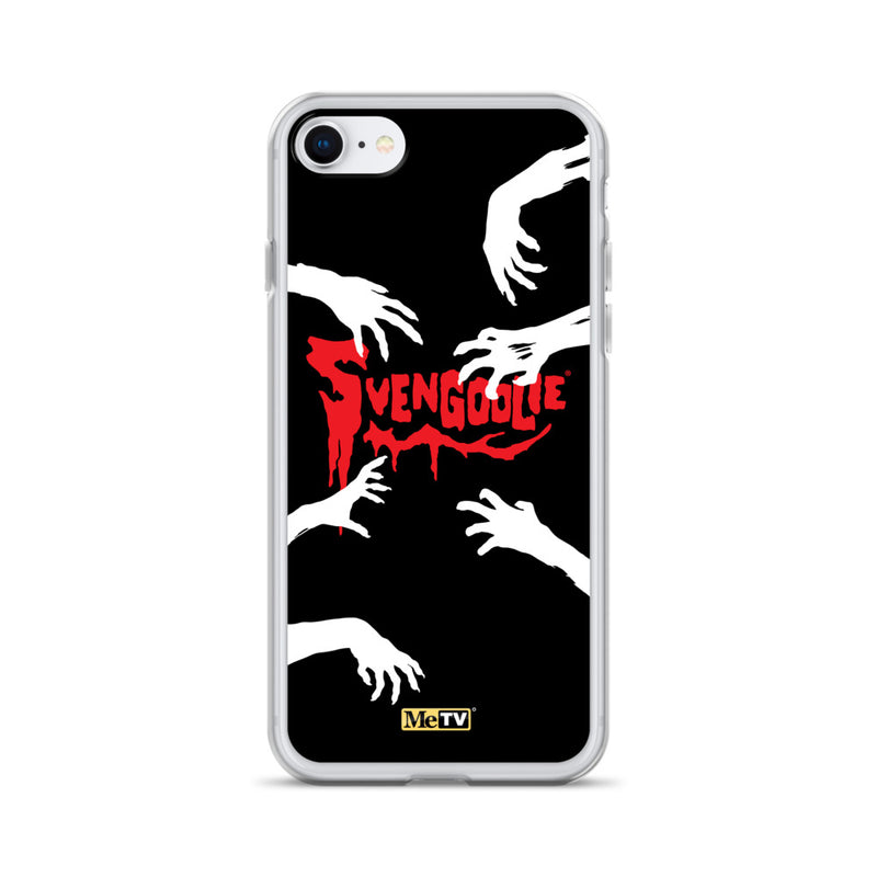 Clear iPhone case with black background, white zombie hands reaching inward, and red dripping "Svengoolie" logo with a MeTV badge at the bottom.