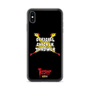 Black iPhone case with yellow cartoon chickens crossed in an X, white text reading "OFFICIAL CHICKEN THROWER", and red Svengoolie logo at bottom.