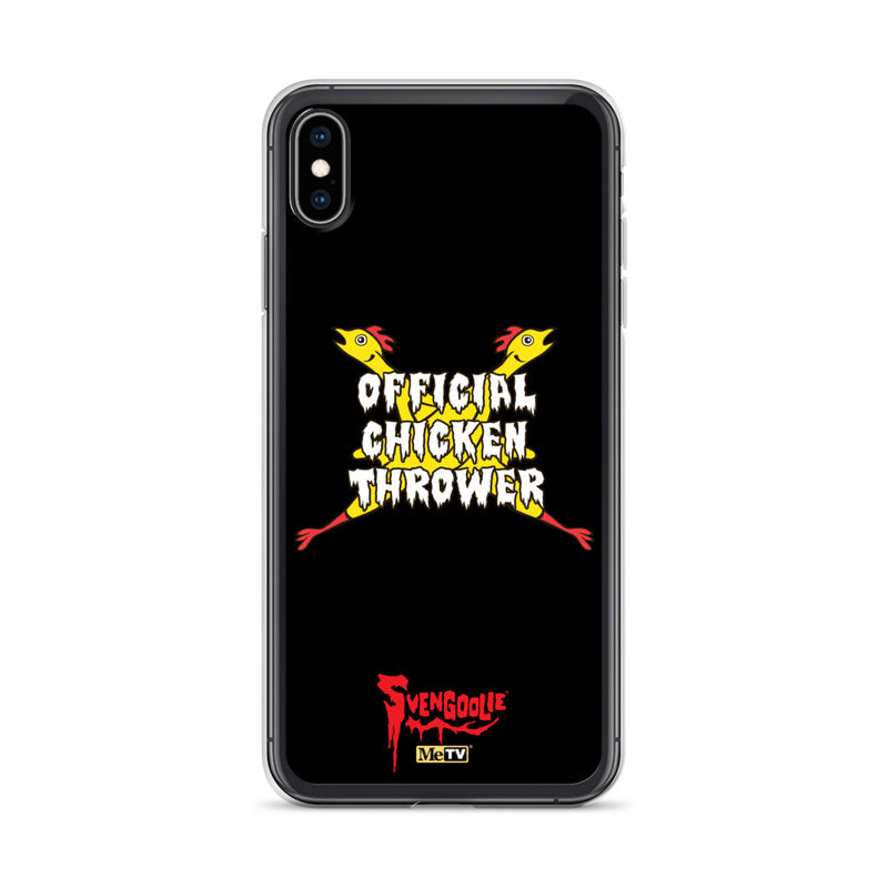 Black iPhone case with yellow cartoon chickens crossed in an X, white text reading "OFFICIAL CHICKEN THROWER", and red Svengoolie logo at bottom.