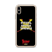 Black iPhone case with yellow cartoon chickens crossed in an X, white text reading "OFFICIAL CHICKEN THROWER", and red Svengoolie logo at bottom.