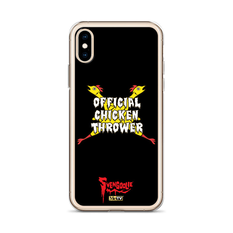 Black iPhone case with yellow cartoon chickens crossed in an X, white text reading "OFFICIAL CHICKEN THROWER", and red Svengoolie logo at bottom.