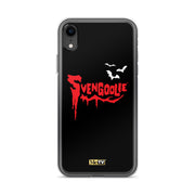 Black iPhone case with red dripping "Svengoolie" logo and three white bats, plus a small yellow MeTV logo at the bottom.