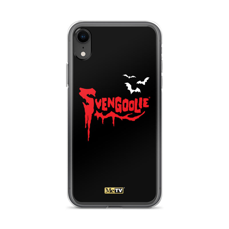 Black iPhone case with red dripping "Svengoolie" logo and three white bats, plus a small yellow MeTV logo at the bottom.