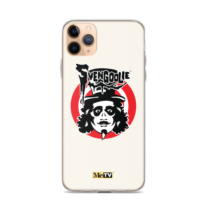 Cream iPhone case featuring Svengoolie target logo in center and "MeTV" logo at bottom.