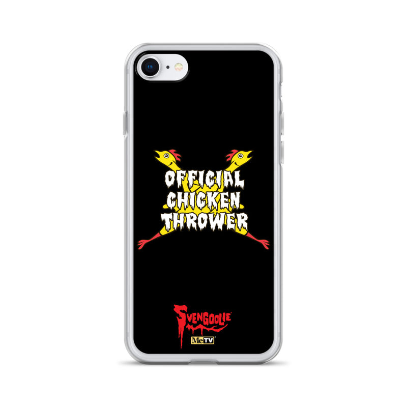 Clear iPhone case with yellow cartoon chickens crossed in an X, white text reading "OFFICIAL CHICKEN THROWER", and red Svengoolie logo at bottom.