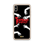 Clear iPhone case with black background, white zombie hands reaching in, and red dripping 'Svengoolie' logo with MeTV badge at bottom.
