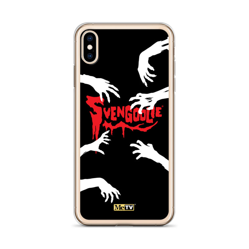 Clear iPhone case with black background, white zombie hands reaching in, and red dripping 'Svengoolie' logo with MeTV badge at bottom.