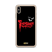 Black iPhone case with red dripping "Svengoolie" logo and three white bats, plus a small yellow MeTV logo at the bottom.