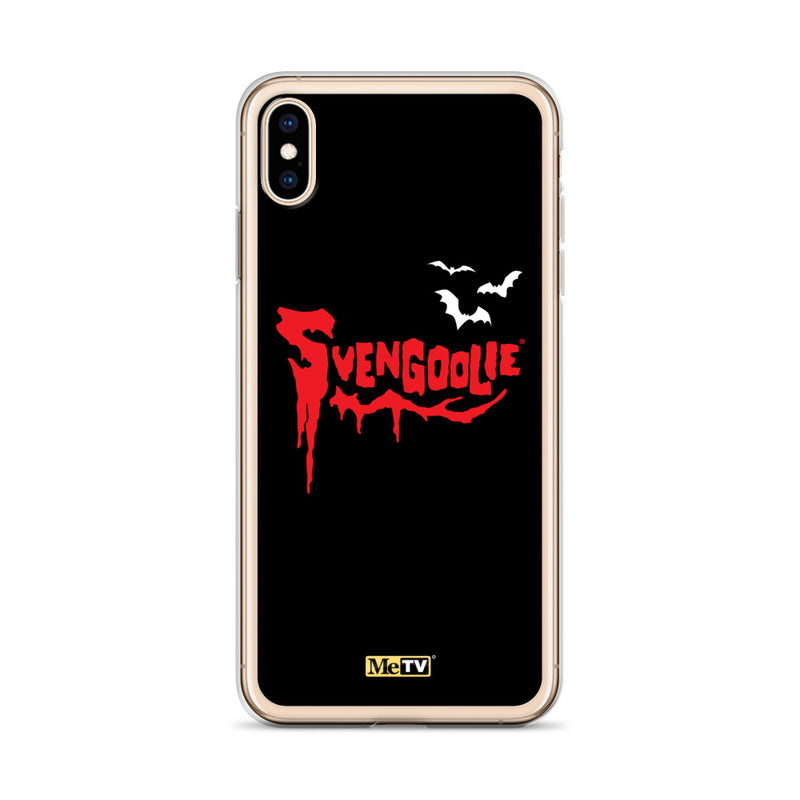 Black iPhone case with red dripping "Svengoolie" logo and three white bats, plus a small yellow MeTV logo at the bottom.
