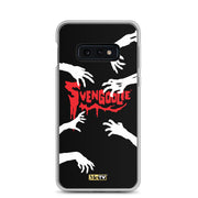 Black Samsung phone case with white zombie hands reaching inward and red dripping 'Svengoolie' logo in the center.