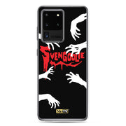 Black Samsung phone case with white zombie hands reaching in from the edges and red dripping "SVENGOOLIE" logo across the center.