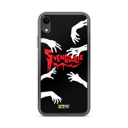 Black iPhone case with white zombie hands reaching inward around red dripping 'Svengoolie' logo; small MeTV logo at bottom.