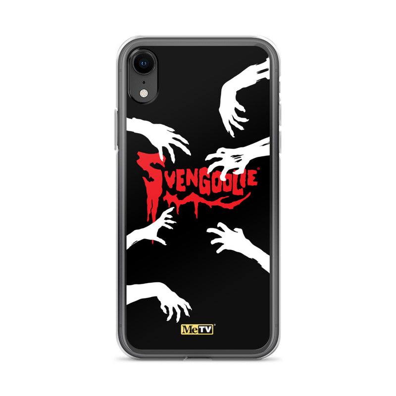Black iPhone case with white zombie hands reaching inward around red dripping 'Svengoolie' logo; small MeTV logo at bottom.
