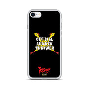 Black clear-edged iPhone case with yellow cartoon chickens crossed in an X and white text "OFFICIAL CHICKEN THROWER", "Svengoolie" and MeTV logos.