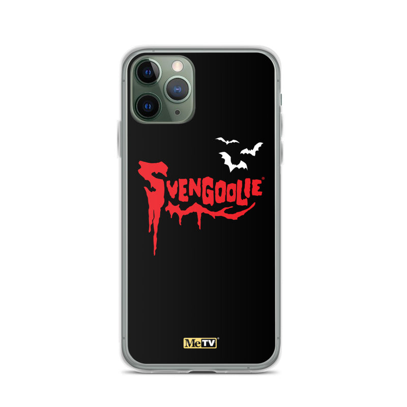 Black iPhone case with red dripping "Svengoolie" logo and three white bats, plus a small yellow MeTV logo at the bottom.