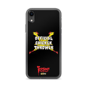Black iPhone case with yellow cartoon chickens crossed in an X, white text reading "OFFICIAL CHICKEN THROWER", and red Svengoolie logo at bottom.