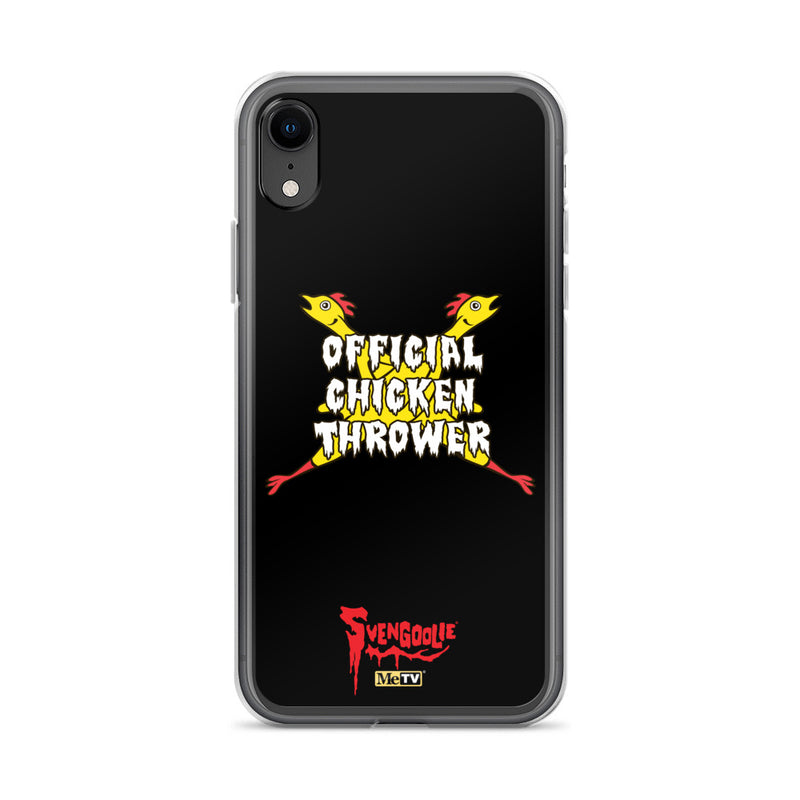 Black iPhone case with yellow cartoon chickens crossed in an X, white text reading "OFFICIAL CHICKEN THROWER", and red Svengoolie logo at bottom.