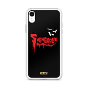 Black iPhone case with red dripping "Svengoolie" logo and three white bats, plus a small yellow MeTV logo at the bottom.
