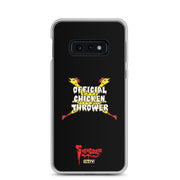 Black Samsung case with yellow cartoon chickens crossed in an X behind white text reading "OFFICIAL CHICKEN THROWER" "Svengoolie" and MeTV logos.