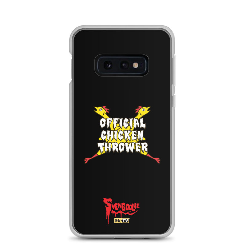 Black Samsung case with yellow cartoon chickens crossed in an X behind white text reading "OFFICIAL CHICKEN THROWER" "Svengoolie" and MeTV logos.