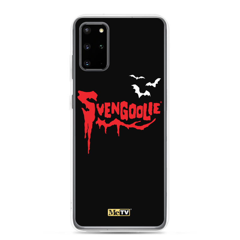 Black Samsung case with red dripping "Svengoolie" logo and three white bats, plus a small yellow MeTV logo at the bottom.