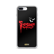 Black iPhone case with red dripping "Svengoolie" logo and three white bats, plus a small yellow MeTV logo at the bottom.