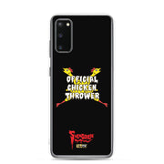 Black Samsung case with yellow cartoon chickens crossed in an X behind white text reading "OFFICIAL CHICKEN THROWER" "Svengoolie" and MeTV logos.