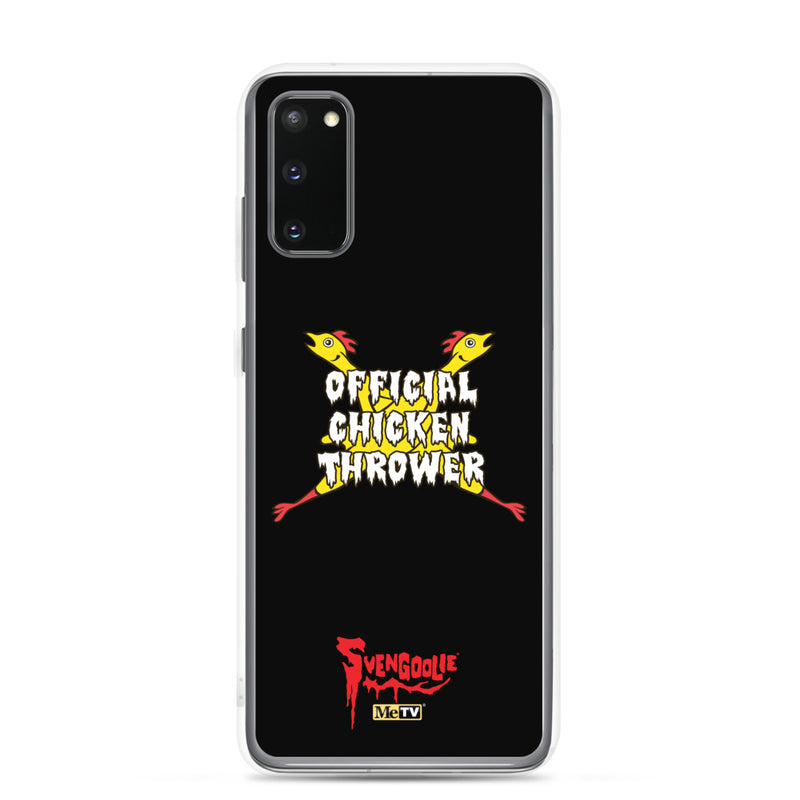 Black Samsung case with yellow cartoon chickens crossed in an X behind white text reading "OFFICIAL CHICKEN THROWER" "Svengoolie" and MeTV logos.