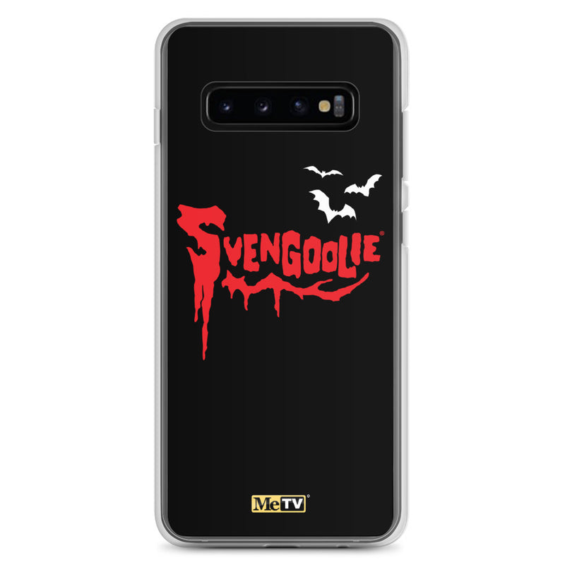 Black Samsung case with red dripping "Svengoolie" logo and three white bats, plus a small yellow MeTV logo at the bottom.