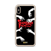 Clear iPhone case with black background, white zombie hands reaching in, and red dripping 'Svengoolie' logo with MeTV badge at bottom.