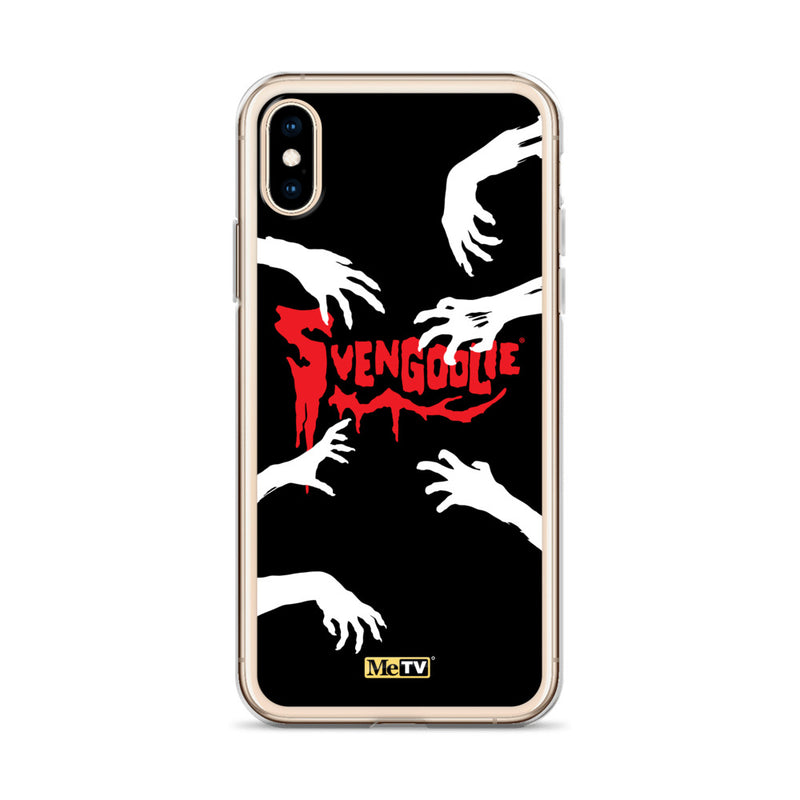 Clear iPhone case with black background, white zombie hands reaching in, and red dripping 'Svengoolie' logo with MeTV badge at bottom.
