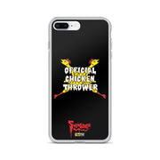 Clear iPhone case with yellow cartoon chickens crossed in an X, white text reading "OFFICIAL CHICKEN THROWER", and red Svengoolie logo at bottom.