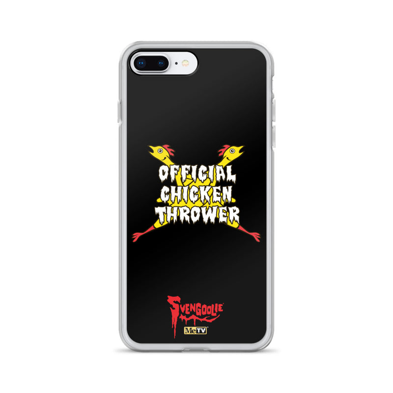 Clear iPhone case with yellow cartoon chickens crossed in an X, white text reading "OFFICIAL CHICKEN THROWER", and red Svengoolie logo at bottom.