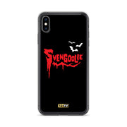 Black iPhone case with red dripping "Svengoolie" logo and three white bats, plus a small yellow MeTV logo at the bottom.