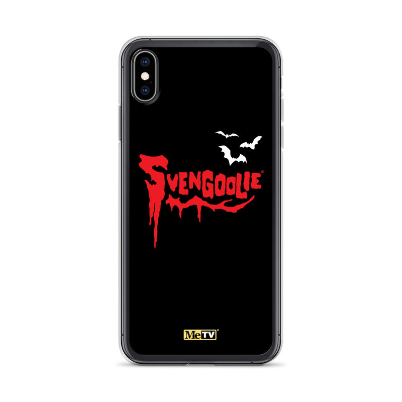 Black iPhone case with red dripping "Svengoolie" logo and three white bats, plus a small yellow MeTV logo at the bottom.