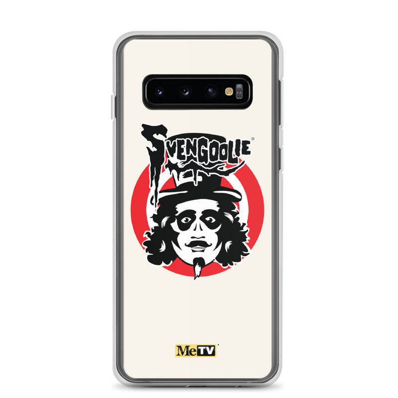 Cream Samsung case featuring the Svengoolie face logo with the text 'Svengoolie' in black above a red circle, with a small MeTV logo at the bottom.