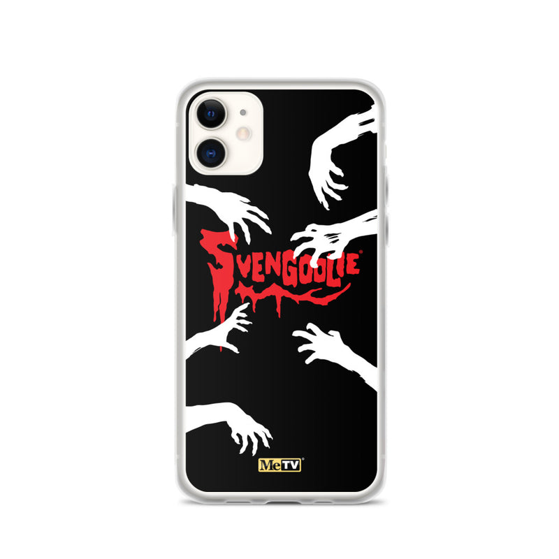 Clear iPhone case with black background, white zombie hands reaching inward, and red dripping 'Svengoolie' logo in the center; MeTV logo at bottom.