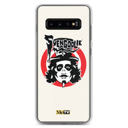 Cream Samsung case featuring the Svengoolie face logo with the text 'Svengoolie' in black above a red circle, with a small MeTV logo at the bottom.