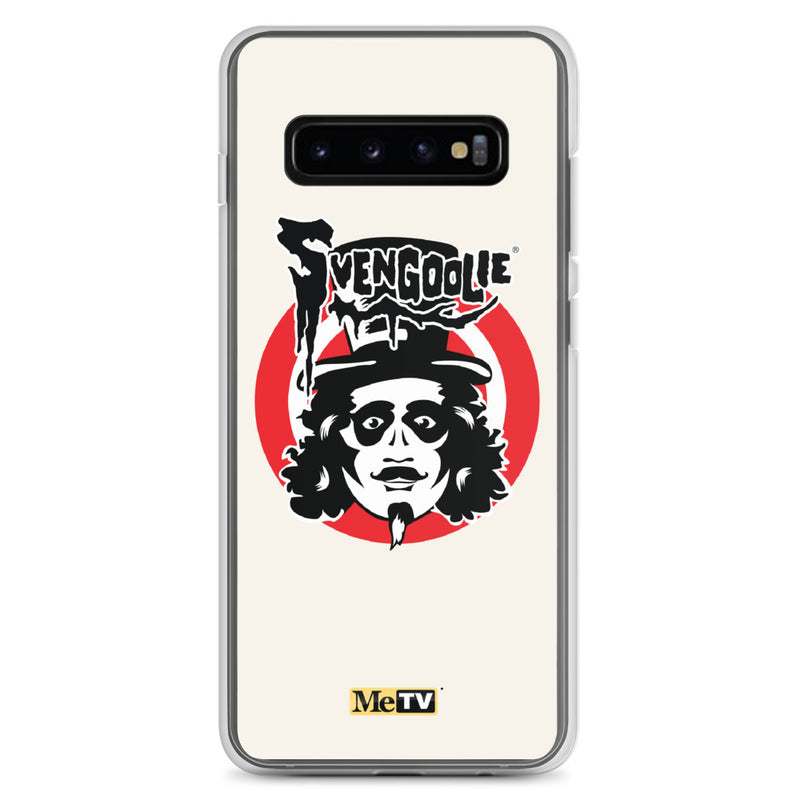 Cream Samsung case featuring the Svengoolie face logo with the text 'Svengoolie' in black above a red circle, with a small MeTV logo at the bottom.
