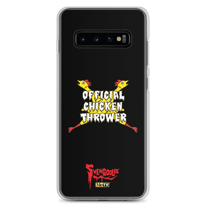 Black Samsung case with yellow cartoon chickens crossed in an X behind white text reading "OFFICIAL CHICKEN THROWER" "Svengoolie" and MeTV logos.