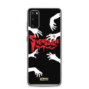 Clear Samsung phone case with black background, white zombie hands reaching in from the edges, and red dripping 'SVENGOOLIE' logo in the center.