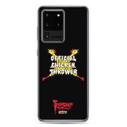Black Samsung case with yellow cartoon chickens crossed in an X behind white text reading "OFFICIAL CHICKEN THROWER" "Svengoolie" and MeTV logos.
